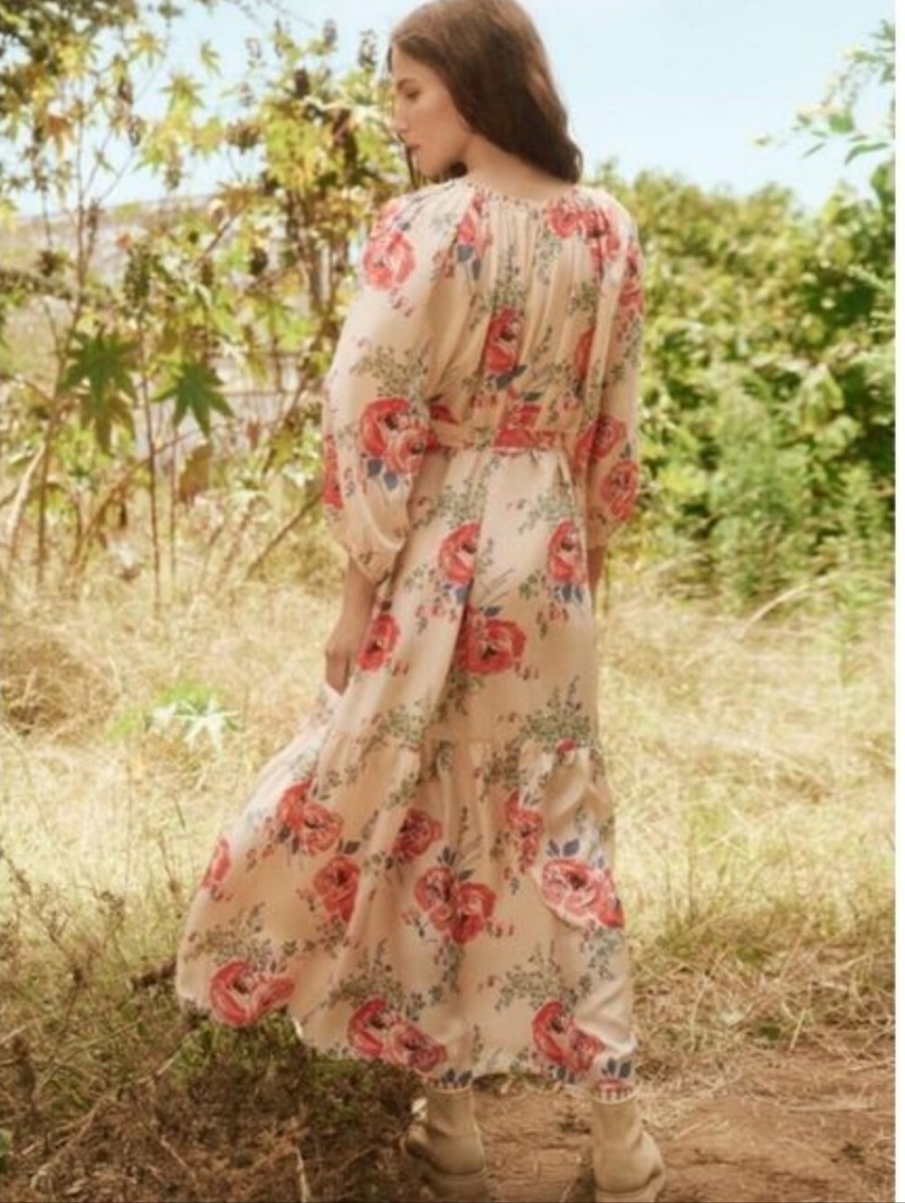 NWT THE GREAT. The Vistage Silk Echo Rose Print  V-Neck Tiered Maxi Dress - Picture 3 of 10